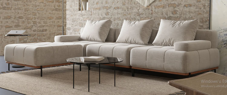 Modern bej köşe koltuk ve minimalist cam sehpa ile şık oturma odası dekorasyonu
