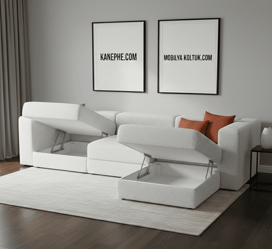 Modern beyaz köşe koltuk takımı, depolama alanı ile fonksiyonel oturma çözümü