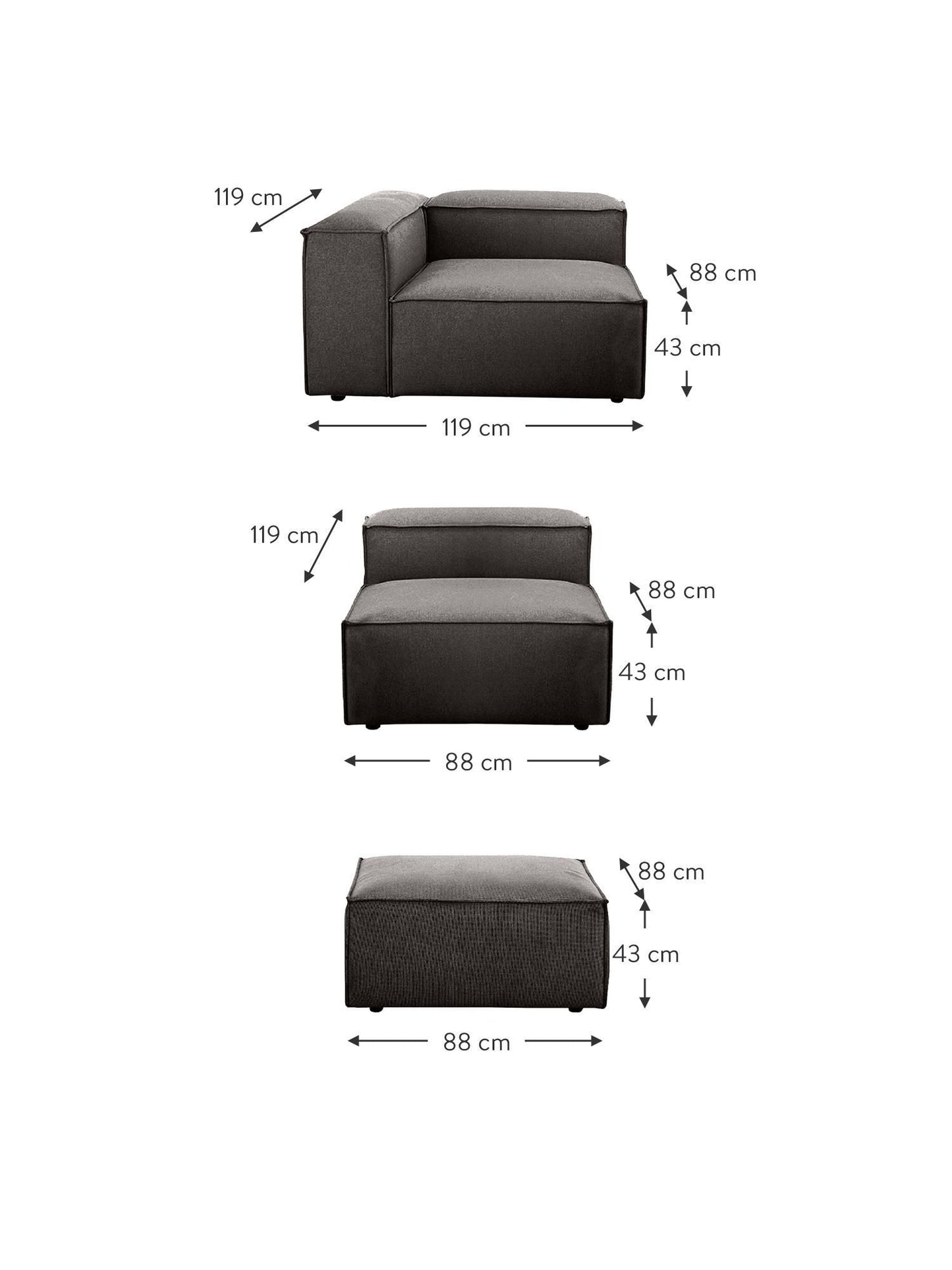 Mobilya Koltuk gri köşe modüler kanepe seti ölçüleri ile 119x88x43 cm konforlu tasarım