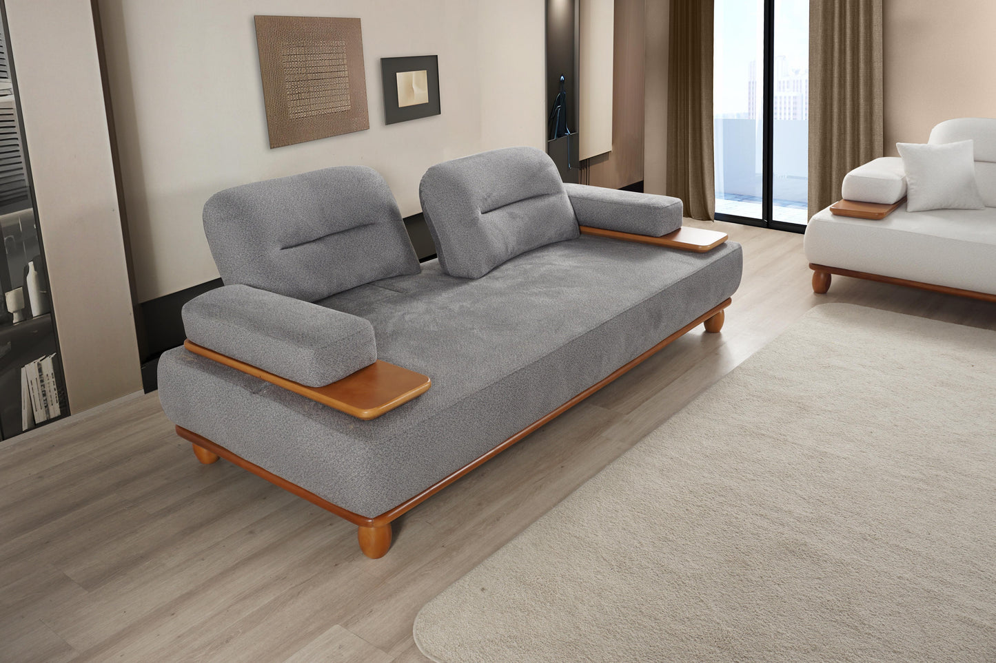 Gri kumaş kaplamalı modern tasarımlı puma koltuk takımı salon mobilyası