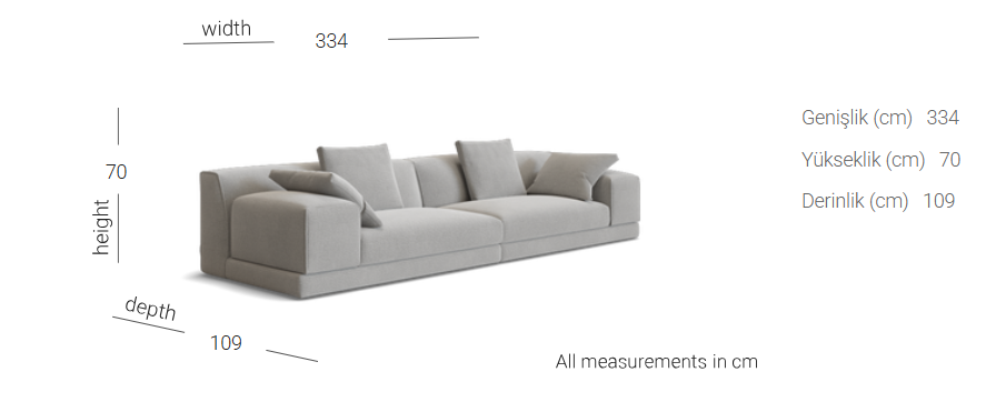 Mobilya Koltuk gri kumaş geniş modern üçlü koltuk ebatları 334x70x109 cm