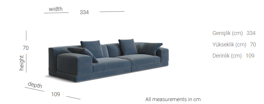 Mobilya Koltuk genişliği 334 cm, yüksekliği 70 cm, derinliği 109 cm ölçülerinde modern tasarım gri üçlü kanepe