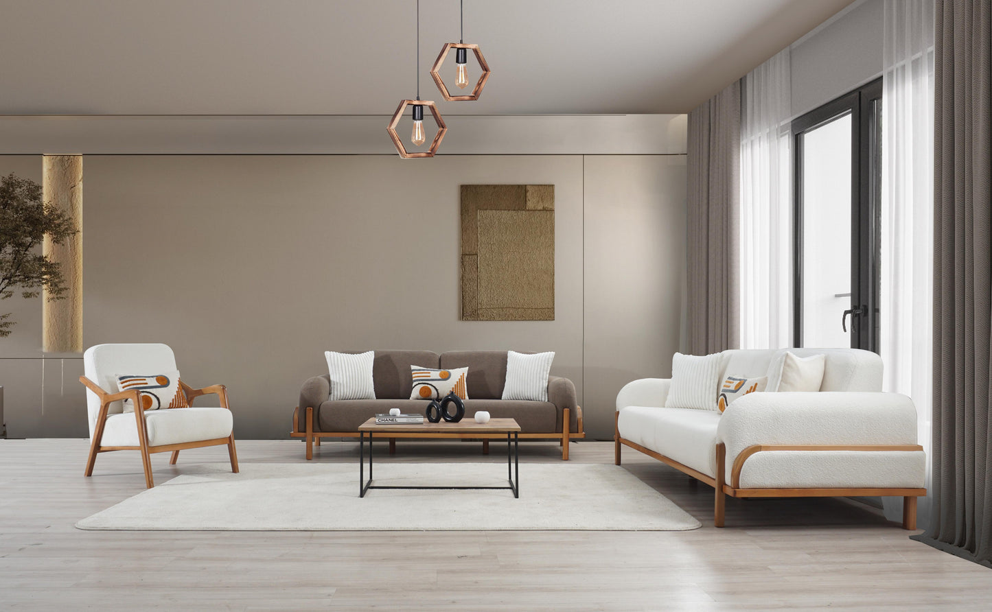 Modern tasarımlı lotus koltuk takımı beyaz ve kahverengi tonlarda geniş oturma alanı sunuyor
