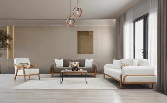 Modern tasarımlı lotus koltuk takımı beyaz ve kahverengi tonlarda geniş oturma alanı sunuyor