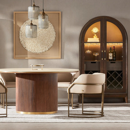 Mobilya Koltuk markası modern beyaz döşemeli metal ayaklı sandalye ve oval kahverengi masa ile lüks salon takımı