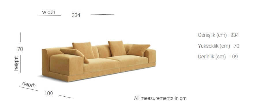 Mobilya Koltuk geniş 334 cm sarı renkli konforlu 3 kişilik modern kumaş kanepe