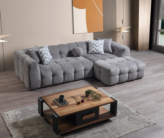 Mobilya Koltuk gri modern modüler köşe kanepe ve ahşap orta sehpa ile salon dekorasyonu